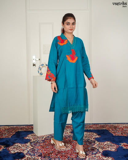 Firozi Roman Silk Coord Set with Thread Work