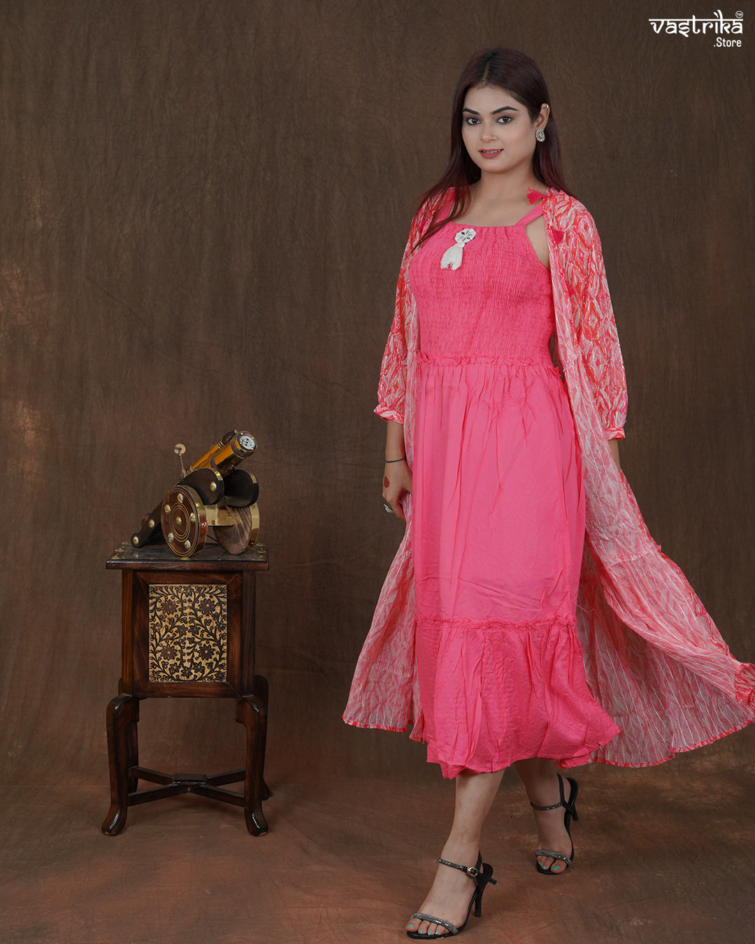 Elara Printed Frock & Handworked Georgette Shrug Set