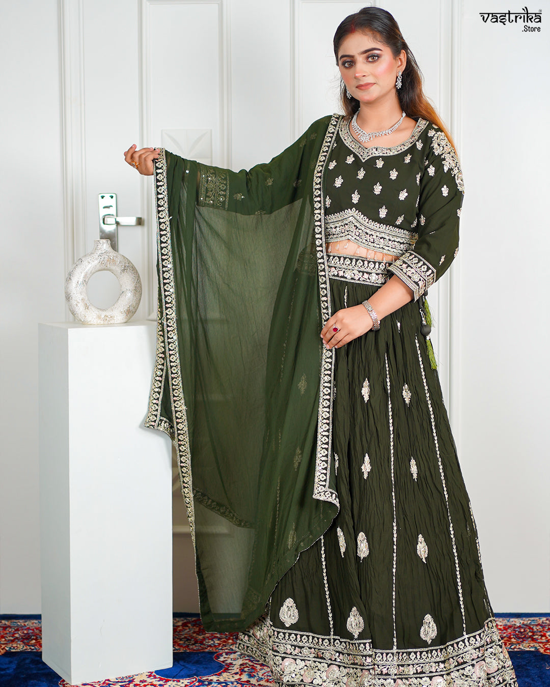 Mehndi Georgette Crop Top with Skirt Set