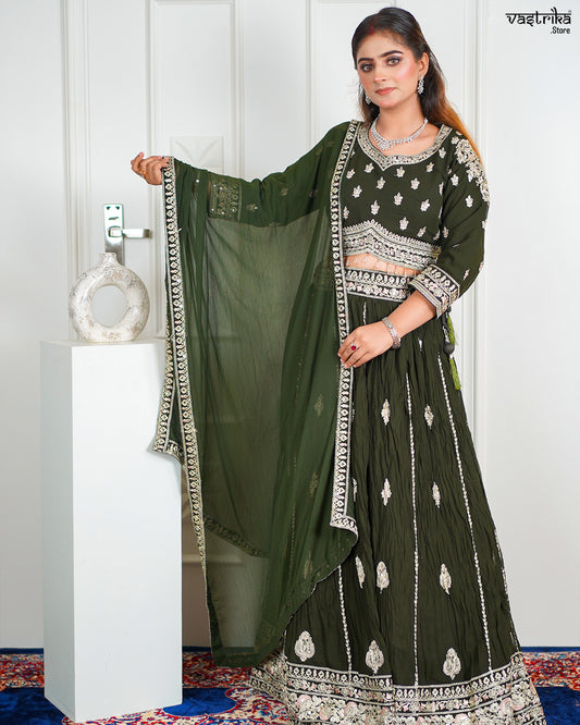 Mehndi Georgette Crop Top with Skirt Set