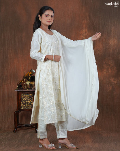 Cotton Kurti Set with Handwork & Sequins with Chiffon Dupatta