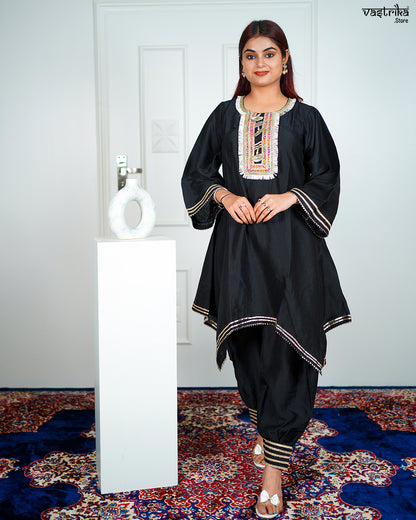 Black Roman Silk Kurti Set with Lace Work