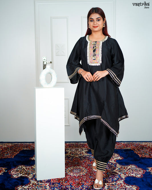 Black Roman Silk Kurti Set with Lace Work