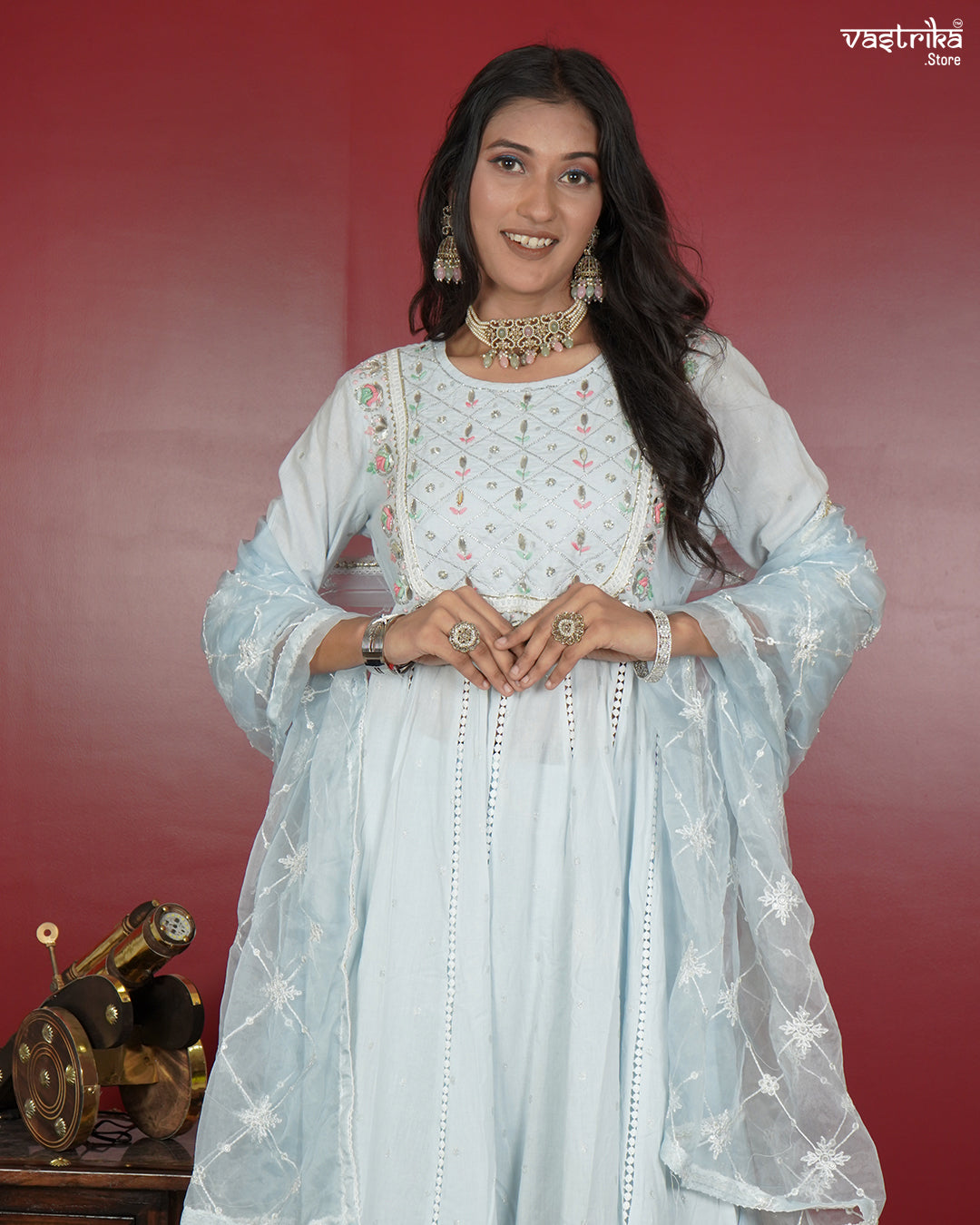 Handcrafted Cotton Frock Set with Jari & Resham Work