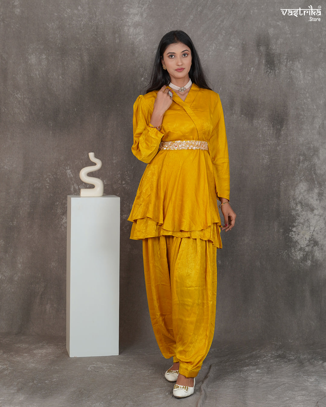V-Collar Cord Set with Belt & Dhoti Salwar