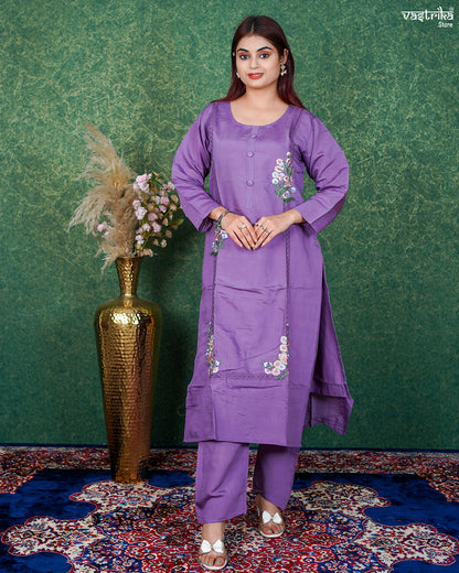 Purple Roman Silk Kurti Set with Thread & Handwork