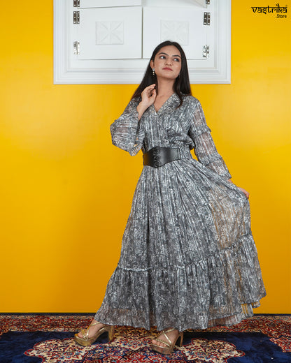 Organza One-Piece Frock with V-Neck & Mirror Work