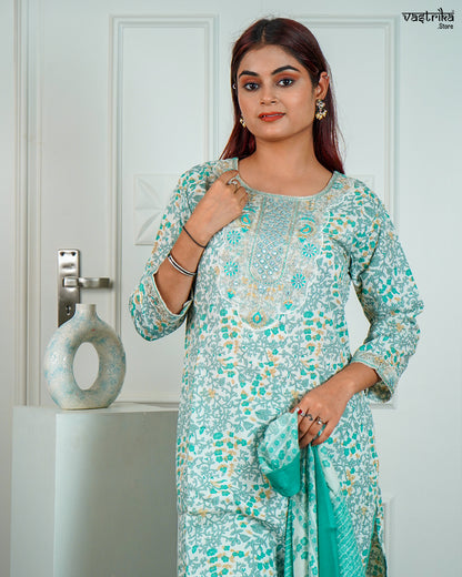 Sea Green Cotton Printed Kurti Set with Jari Work