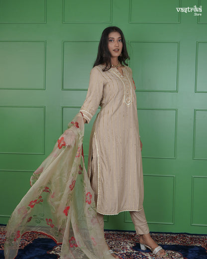 Jari & Handwork Kurti Set with Organza Dupatta