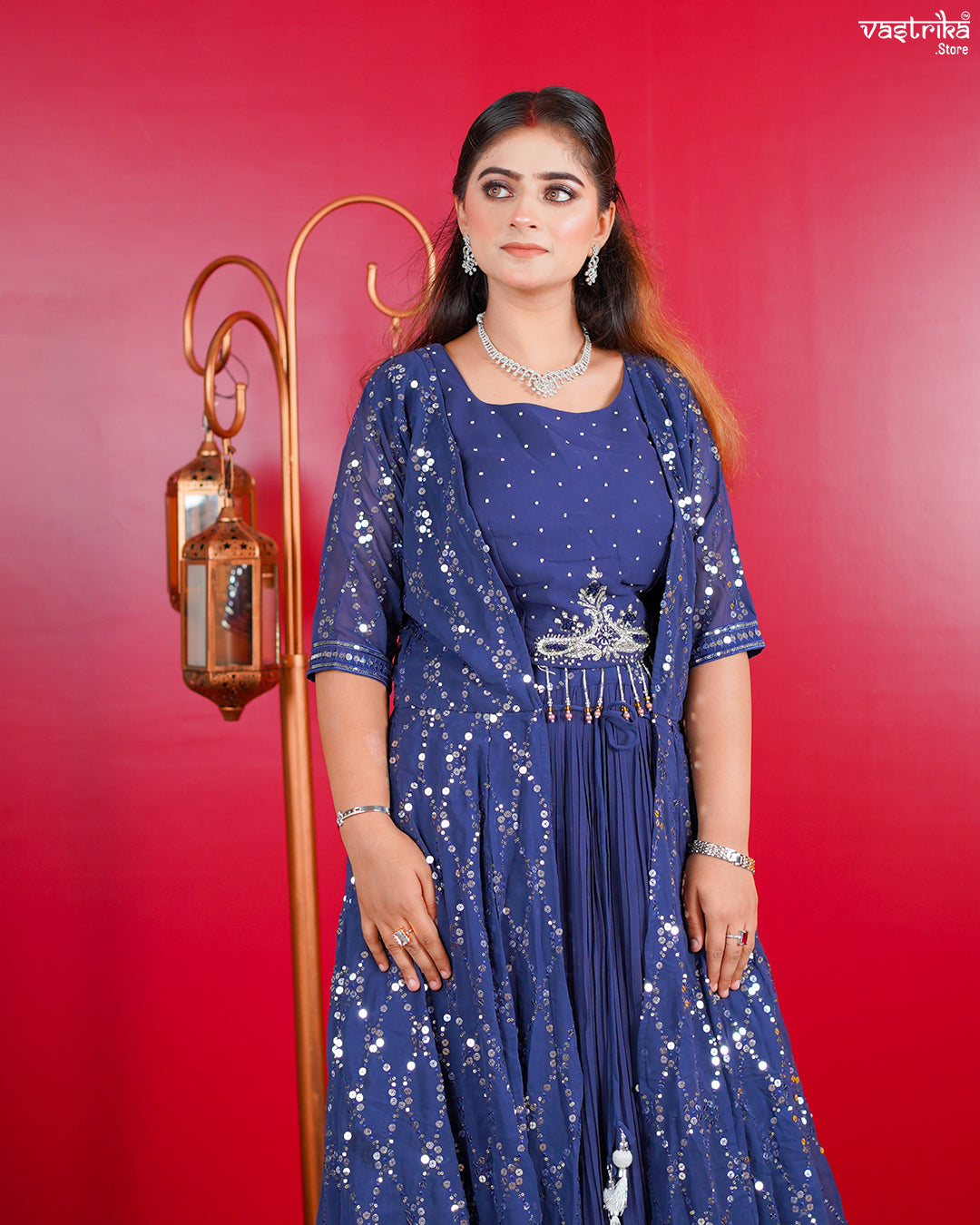 Grey Georgette Crop Top with Skirt and Shrug Set