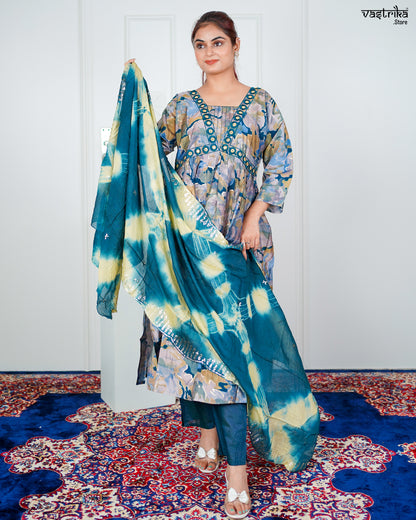 Firozi Maslin Aalia Cut Frock Set with Embroidered Dupatta