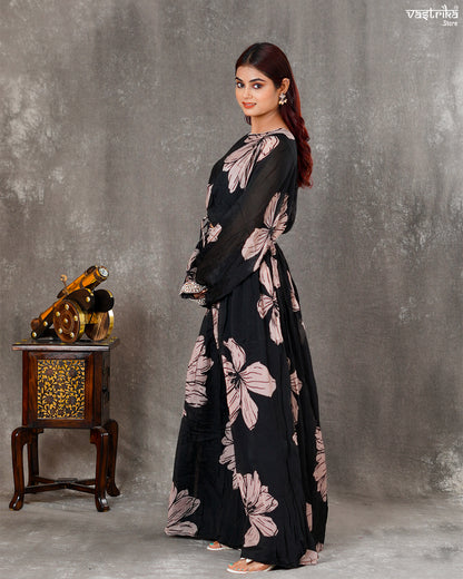 Black Chiffon Short Top with Skirt – Digital Print & Handwork