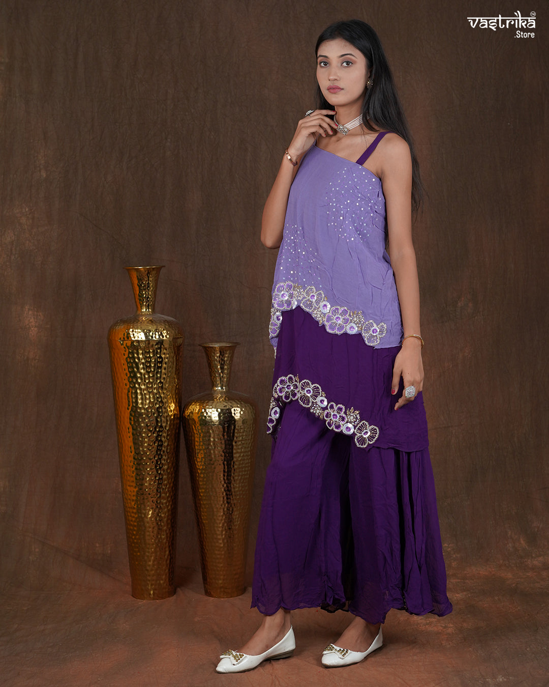 Georgette Poncho-Style Western Dress with Handworked Palazzos