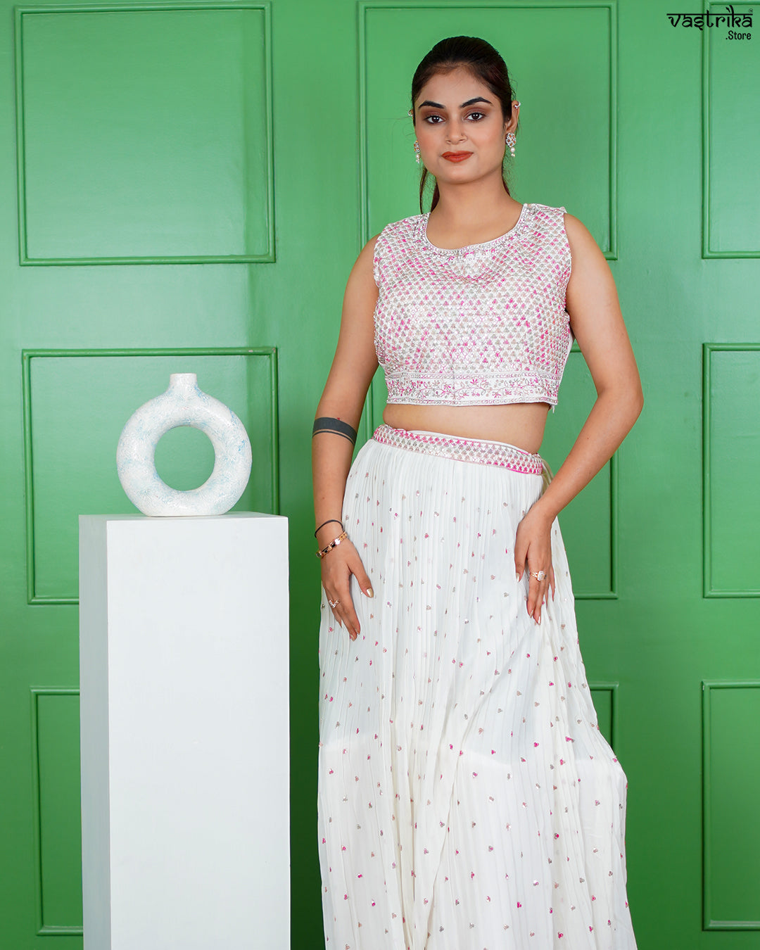 Off-White Georgette Crop Top with Skirt Set