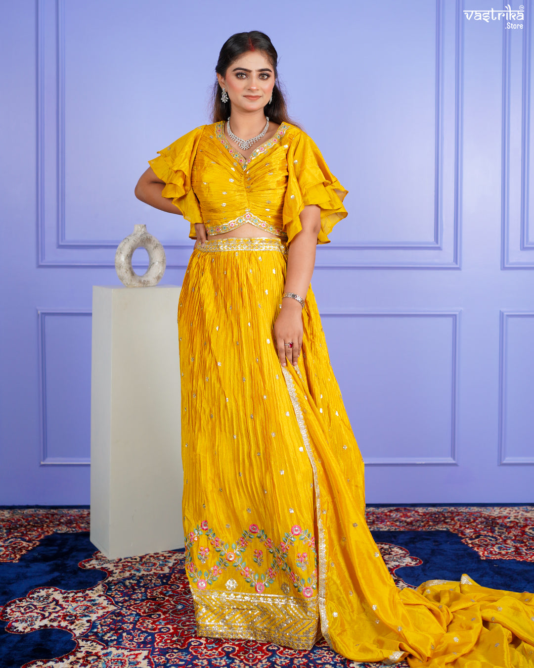 Mustard Chinon Crop Top with Skirt Set