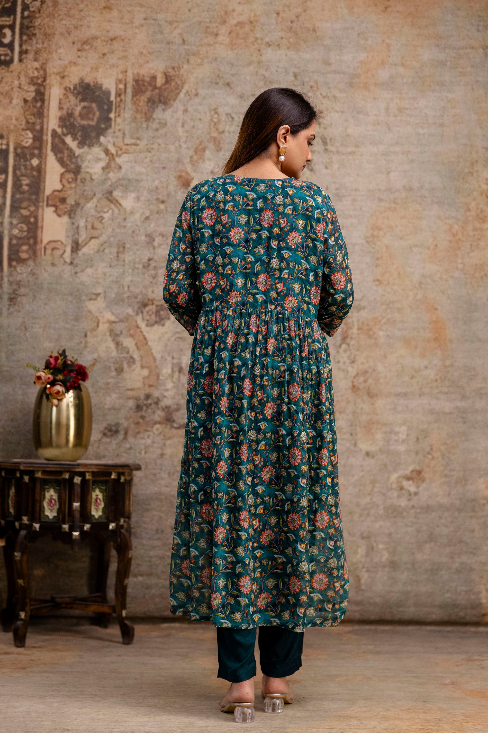 Chiffon Printed Aalia Cut Frock with V-Neck, Sequence Worked Dupatta & Plain Trouser