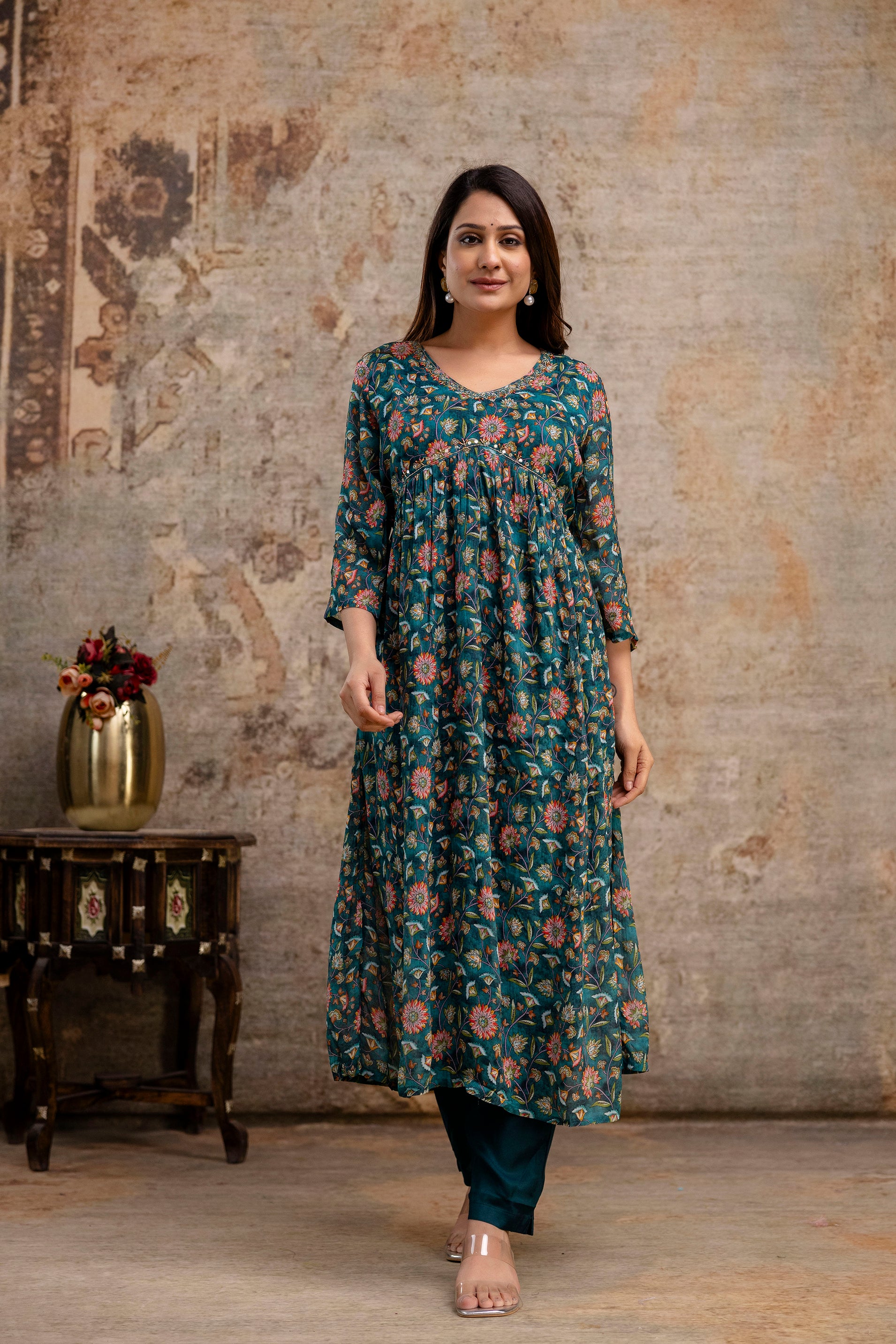 Chiffon Printed Aalia Cut Frock with V-Neck, Sequence Worked Dupatta & Plain Trouser