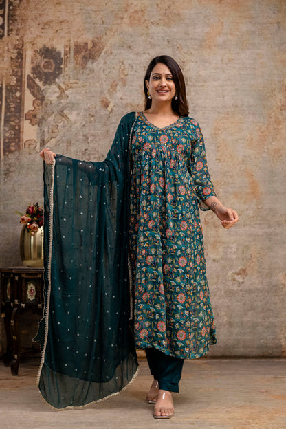 Chiffon Printed Aalia Cut Frock with V-Neck, Sequence Worked Dupatta & Plain Trouser