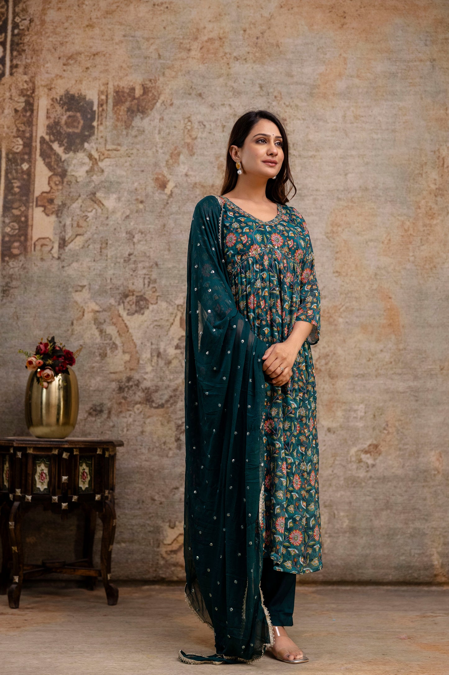 Chiffon Printed Aalia Cut Frock with V-Neck, Sequence Worked Dupatta & Plain Trouser