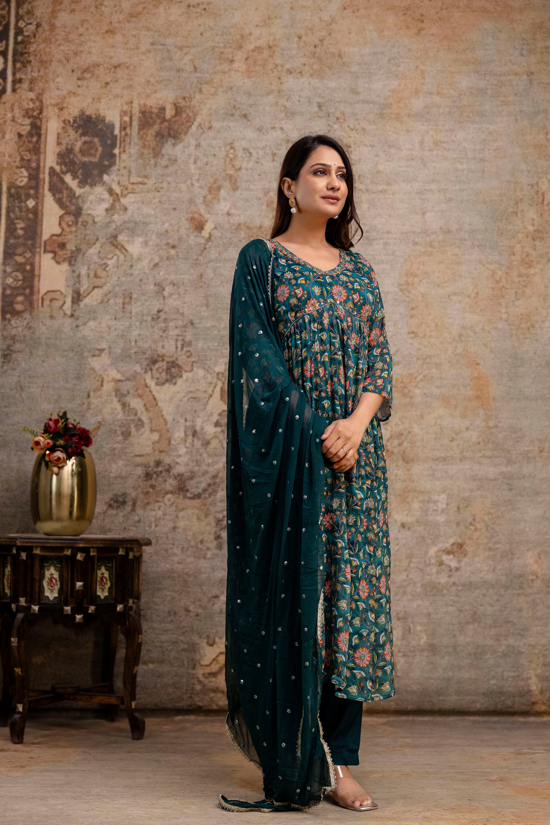 Chiffon Printed Aalia Cut Frock with V-Neck, Sequence Worked Dupatta & Plain Trouser