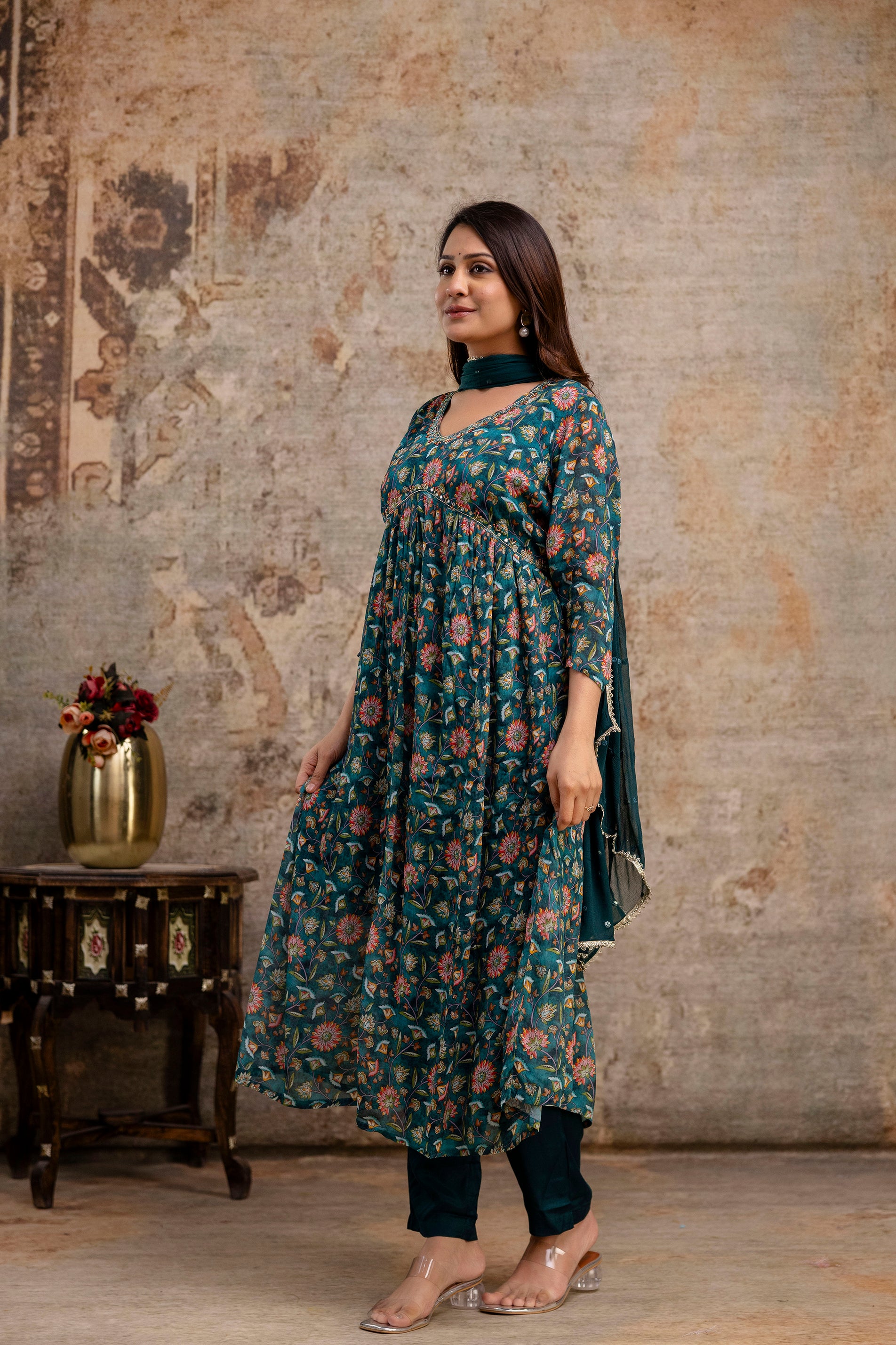 Chiffon Printed Aalia Cut Frock with V-Neck, Sequence Worked Dupatta & Plain Trouser