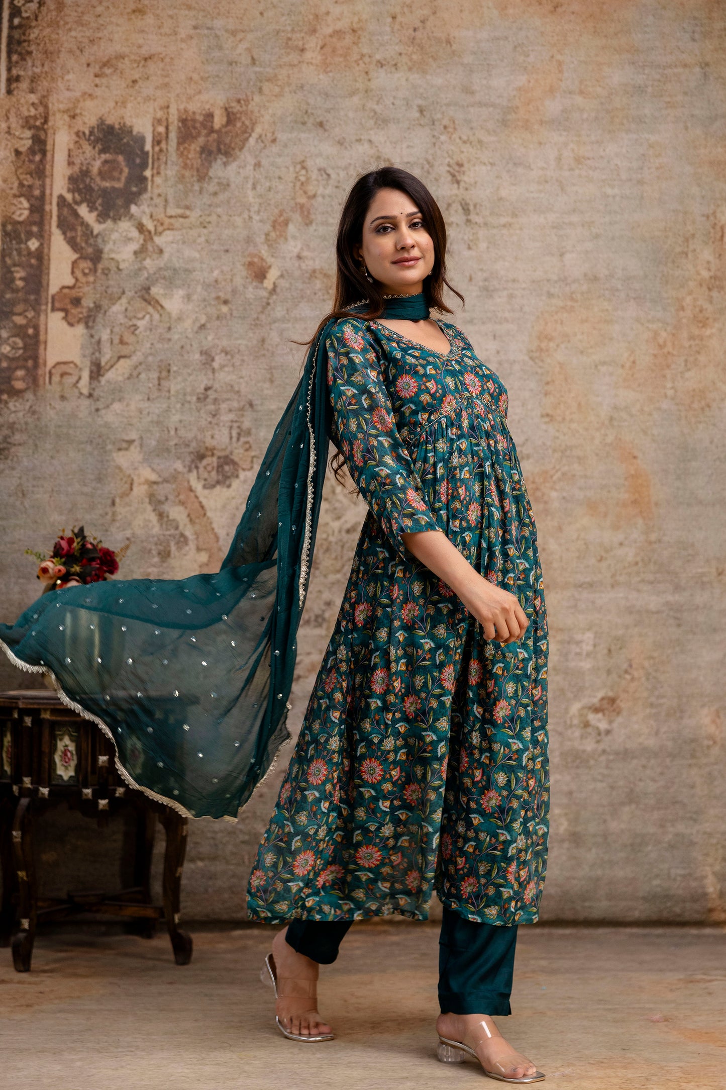 Chiffon Printed Aalia Cut Frock with V-Neck, Sequence Worked Dupatta & Plain Trouser