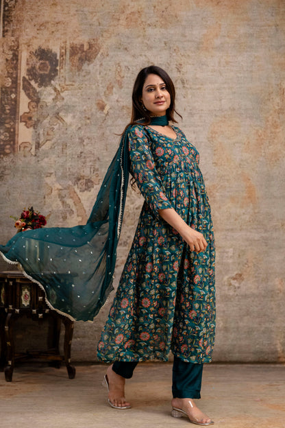 Chiffon Printed Aalia Cut Frock with V-Neck, Sequence Worked Dupatta & Plain Trouser