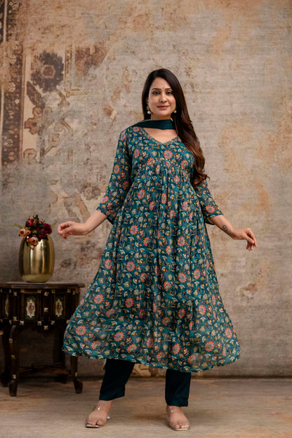 Chiffon Printed Aalia Cut Frock with V-Neck, Sequence Worked Dupatta & Plain Trouser