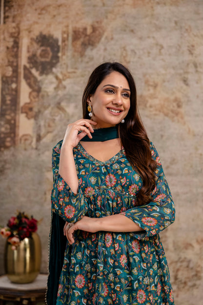 Chiffon Printed Aalia Cut Frock with V-Neck, Sequence Worked Dupatta & Plain Trouser