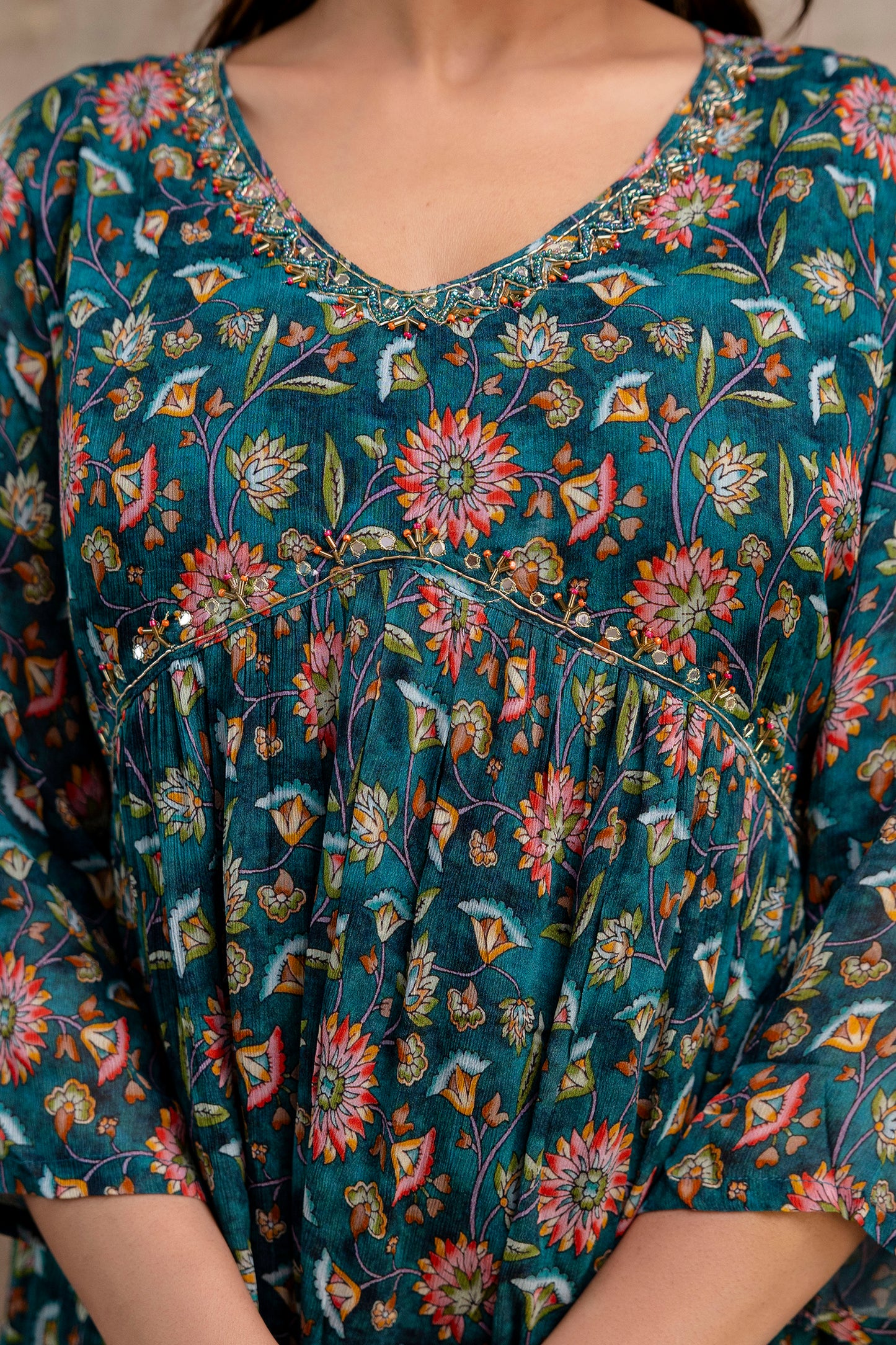 Chiffon Printed Aalia Cut Frock with V-Neck, Sequence Worked Dupatta & Plain Trouser