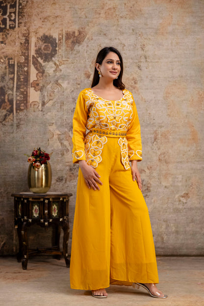 Co-ord Set with Pal Work, Round Neck, and Plain Palazzo