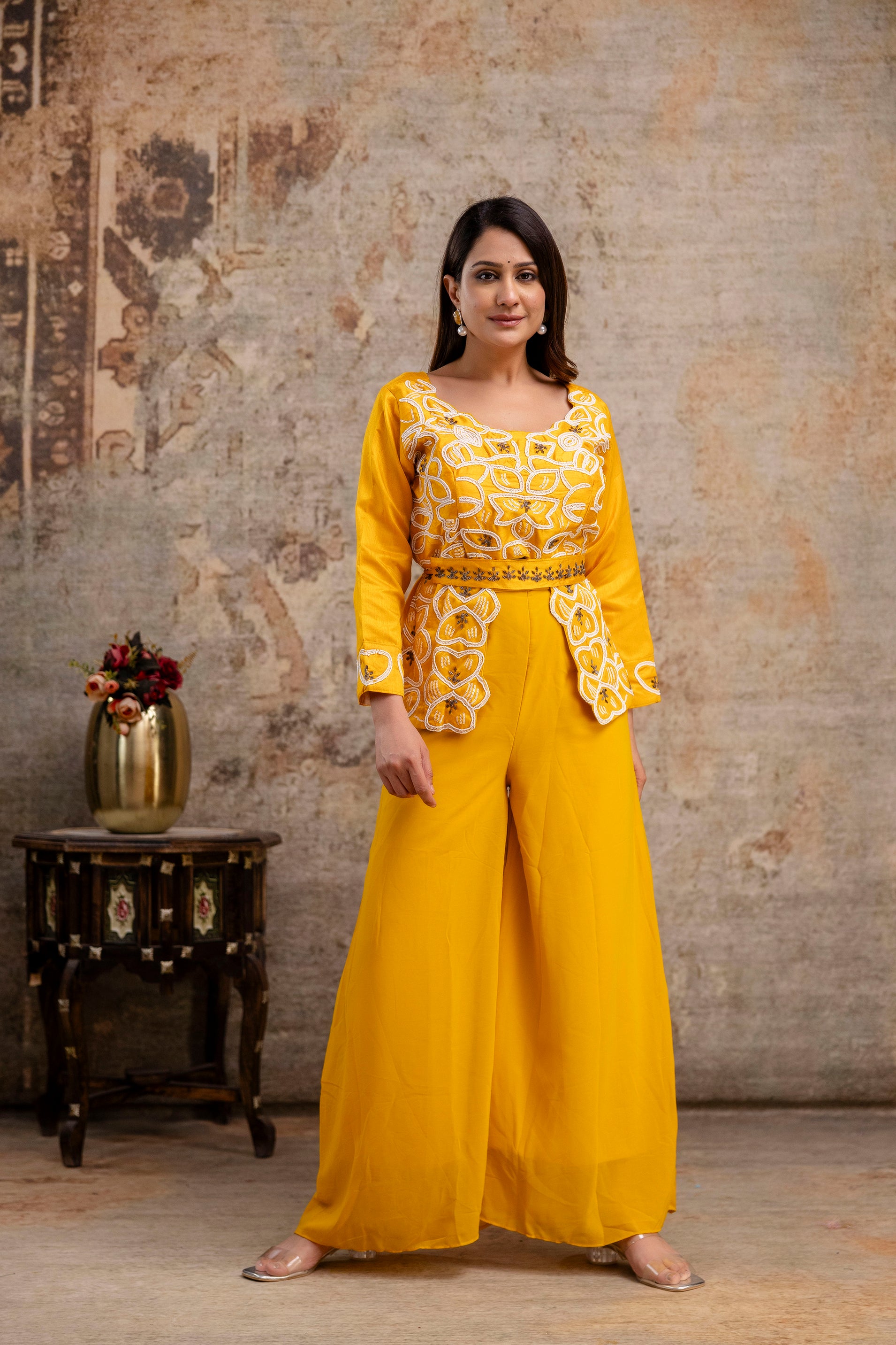 Co-ord Set with Pal Work, Round Neck, and Plain Palazzo