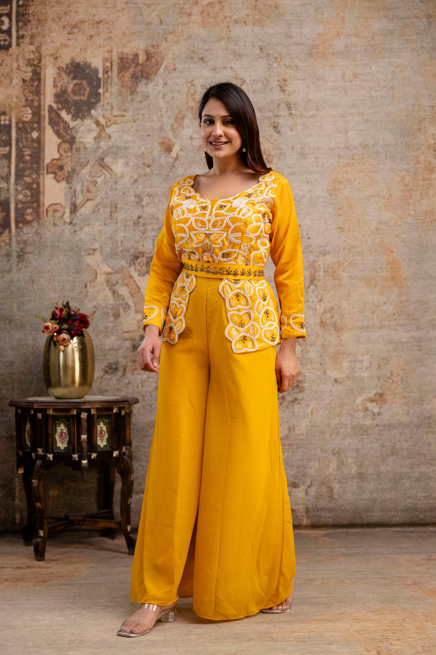 Co-ord Set with Pal Work, Round Neck, and Plain Palazzo