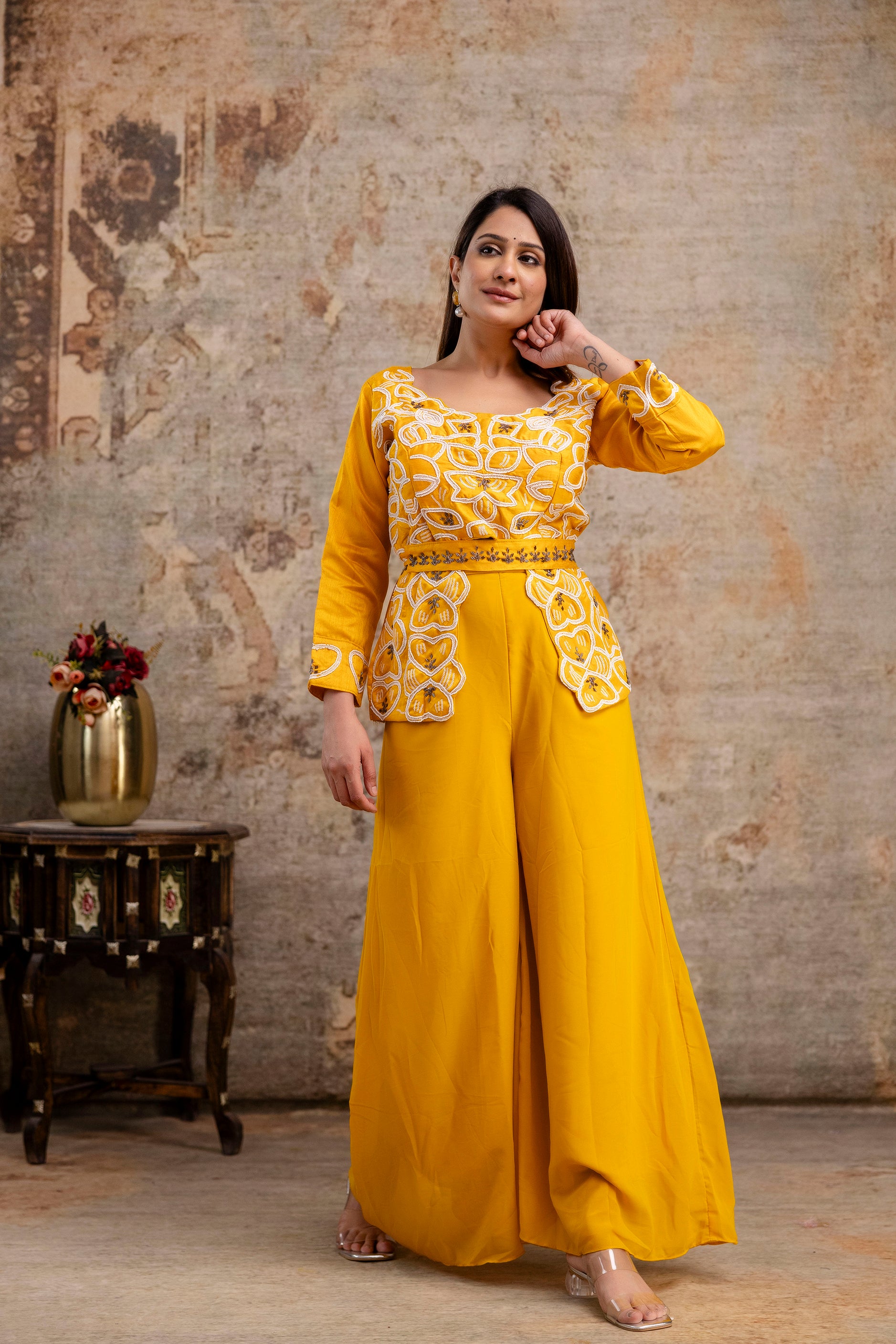 Co-ord Set with Pal Work, Round Neck, and Plain Palazzo