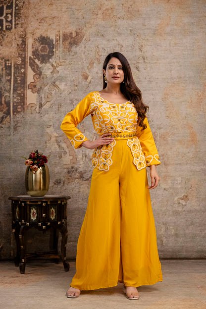 Co-ord Set with Pal Work, Round Neck, and Plain Palazzo