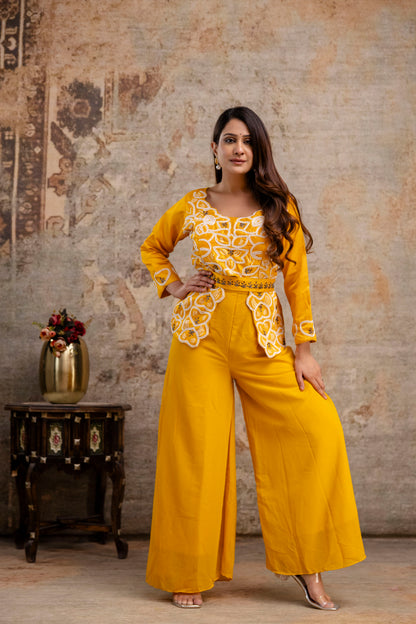 Co-ord Set with Pal Work, Round Neck, and Plain Palazzo