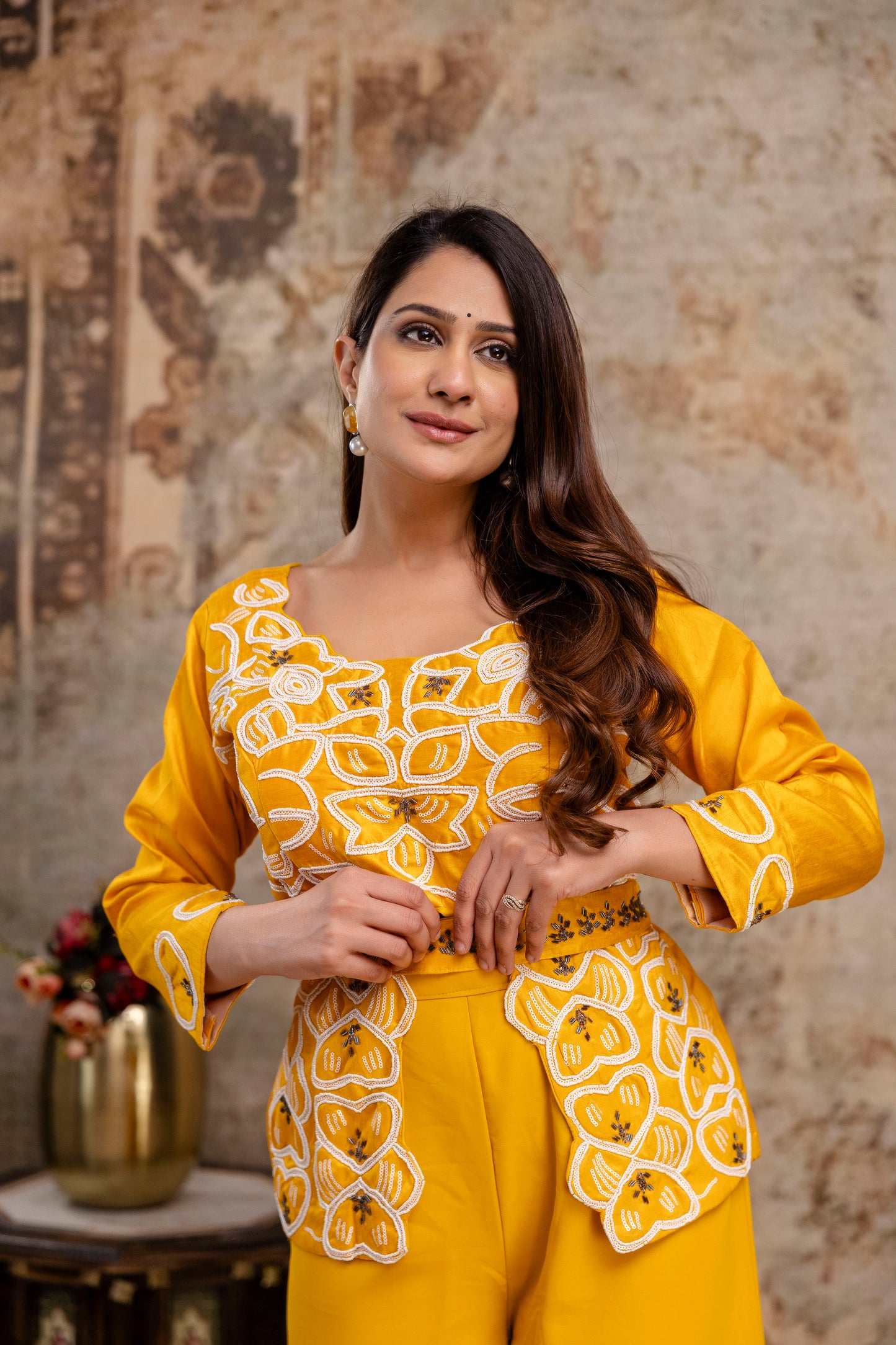 Co-ord Set with Pal Work, Round Neck, and Plain Palazzo