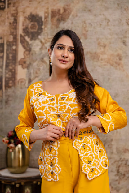 Co-ord Set with Pal Work, Round Neck, and Plain Palazzo