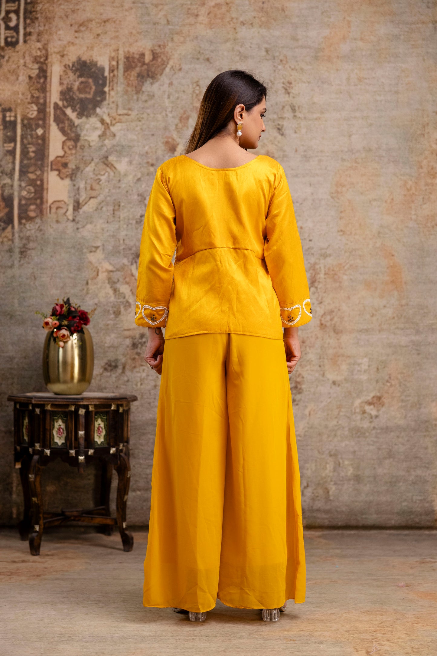 Co-ord Set with Pal Work, Round Neck, and Plain Palazzo