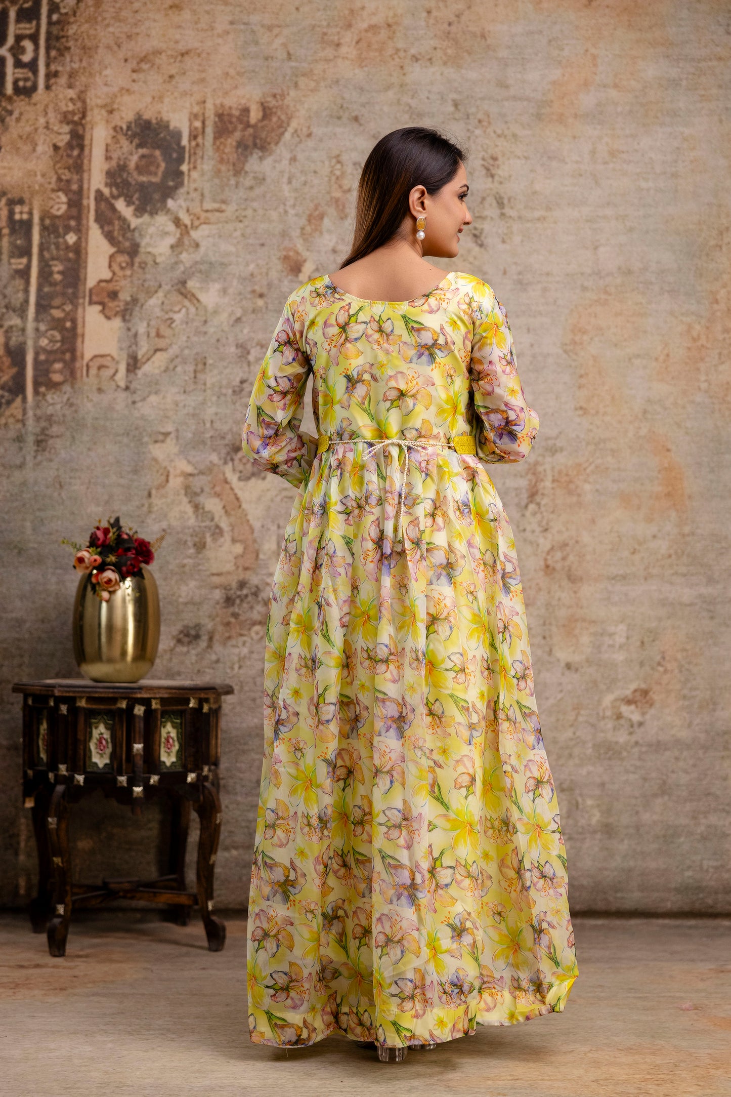 Printed Gown with Round Neck, Organza Printed Dupatta & Belt