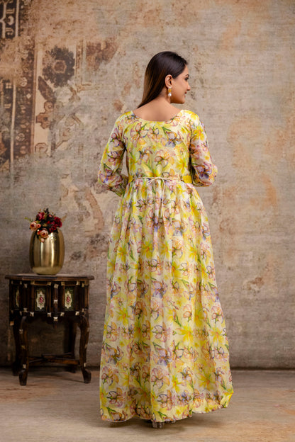Printed Gown with Round Neck, Organza Printed Dupatta & Belt
