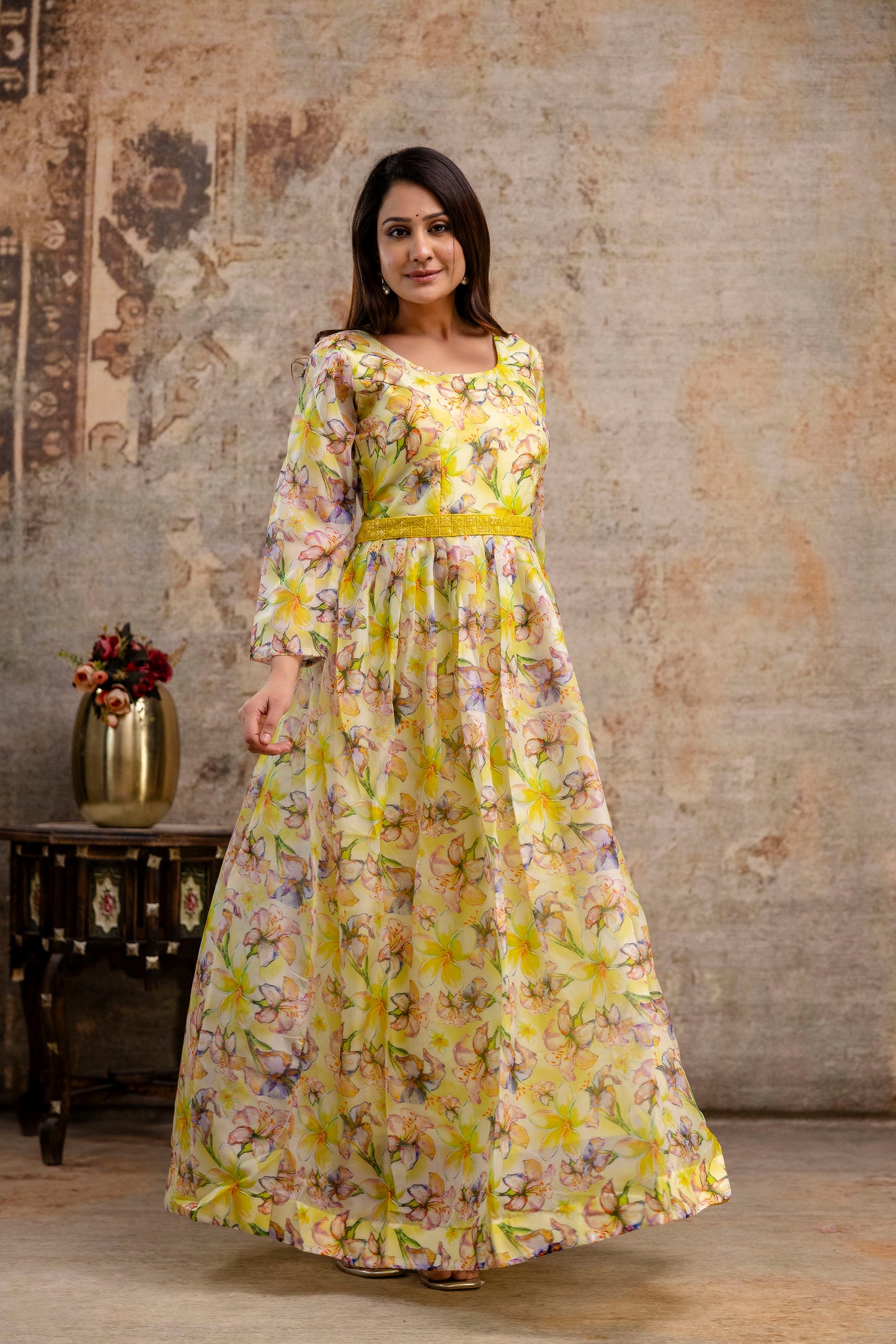 Printed Gown with Round Neck, Organza Printed Dupatta & Belt