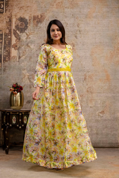 Printed Gown with Round Neck, Organza Printed Dupatta & Belt