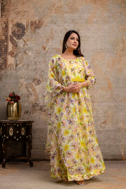 Printed Gown with Round Neck, Organza Printed Dupatta & Belt