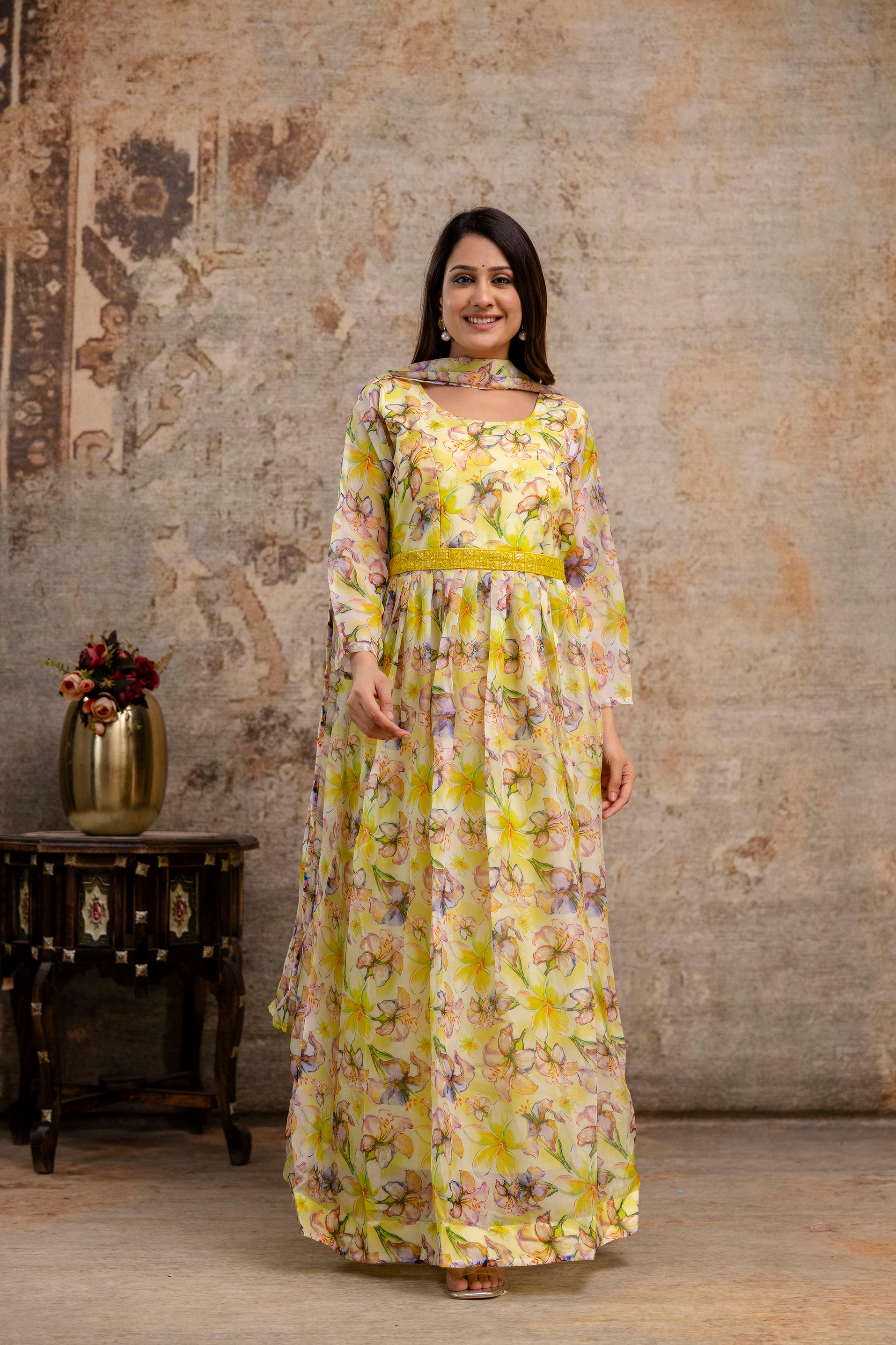 Printed Gown with Round Neck, Organza Printed Dupatta & Belt