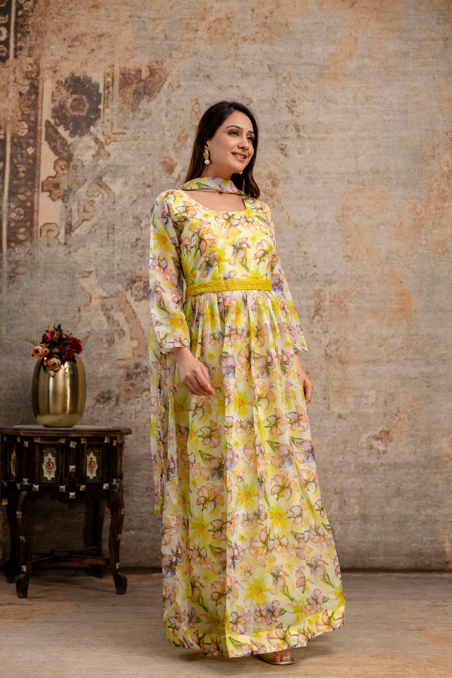 Printed Gown with Round Neck, Organza Printed Dupatta & Belt