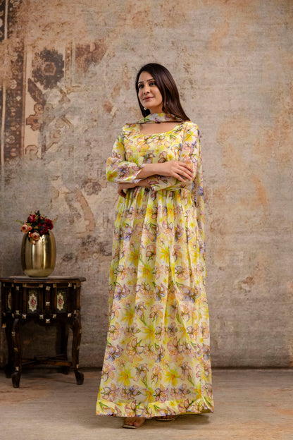 Printed Gown with Round Neck, Organza Printed Dupatta & Belt