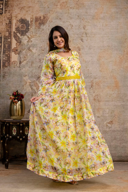 Printed Gown with Round Neck, Organza Printed Dupatta & Belt