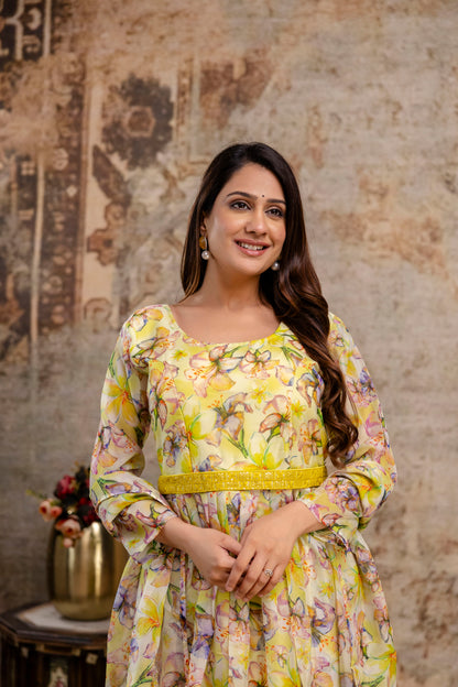 Printed Gown with Round Neck, Organza Printed Dupatta & Belt