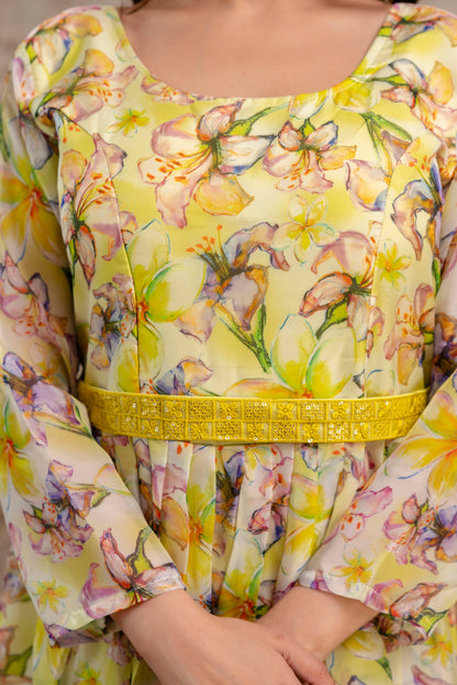 Printed Gown with Round Neck, Organza Printed Dupatta & Belt